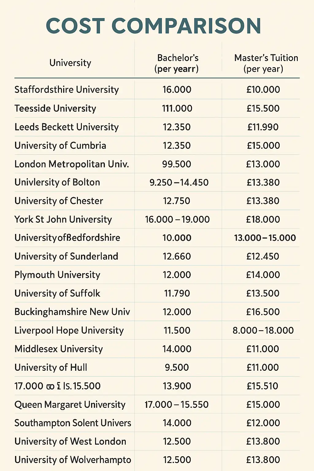 Affordable UK Universities CostComparsion